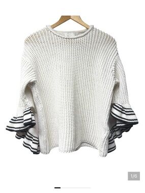 3.1 Phillip Lim White Open Knit Sweater Size Small 3/4 Peplum Sleeve Black Trim